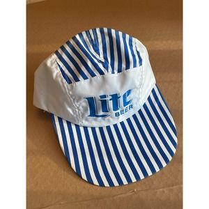 Vintage Lite Beer Hat Cap Blue White Long Bill Made USA Striped Panels Rare